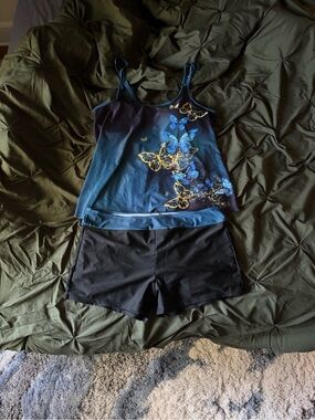 Blue Butterfly Print Tankini Top and Black Swim Shorts Set